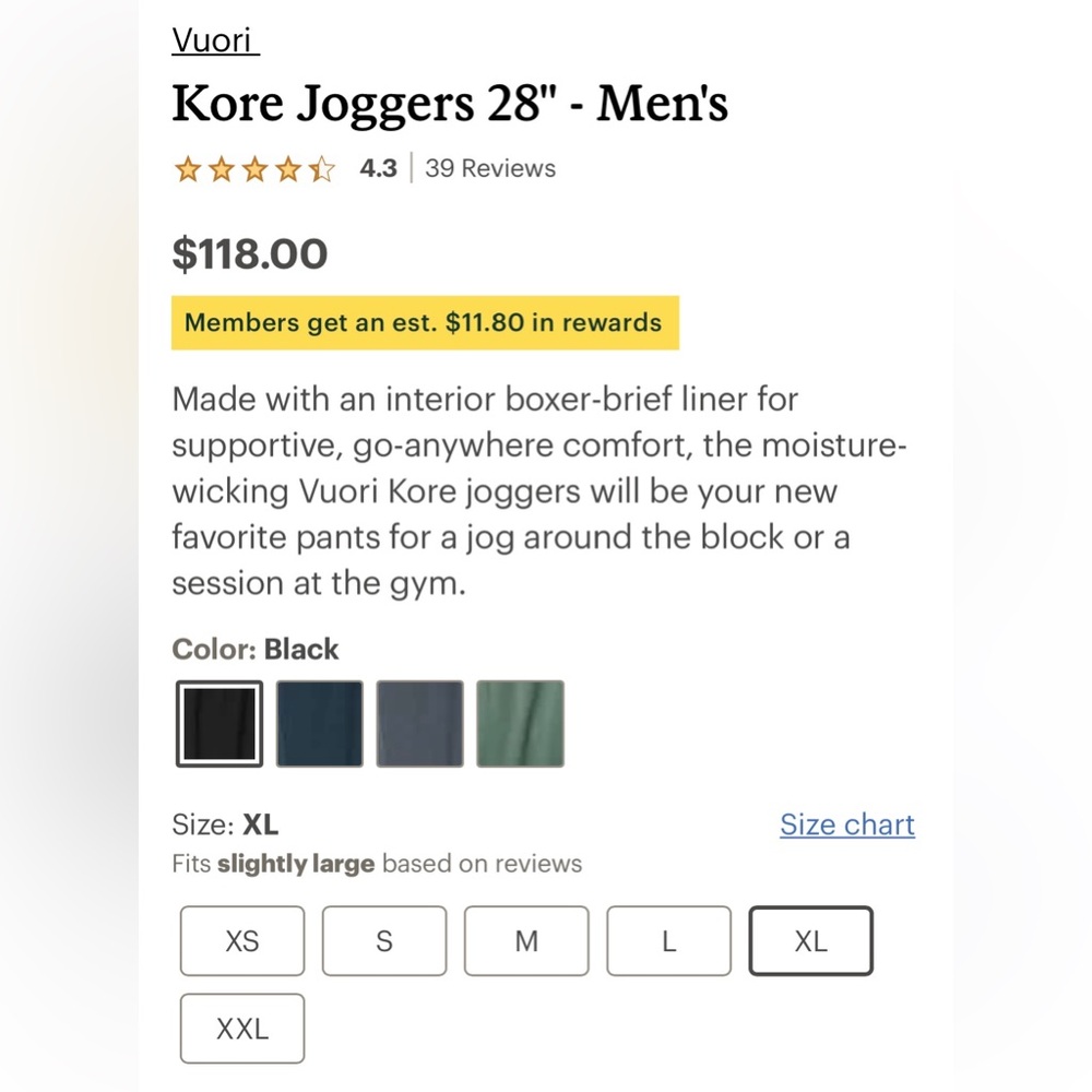 Vuori Kore Jogger 28" Men's XL Black Athletic Running Pants - Built in Boxer - Picture 10 of 16